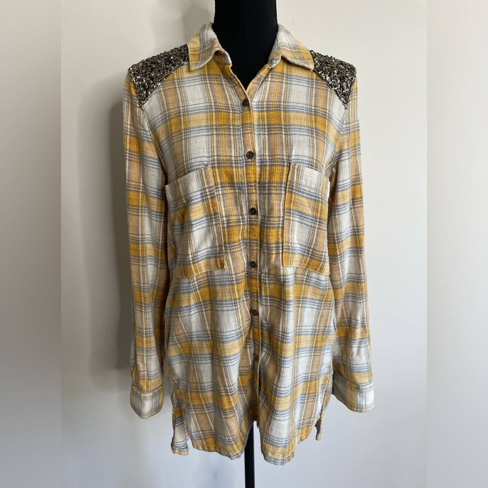 Free People Sz XS Little Bit Of Sugar Yellow Plaid Sequin Cottton Flannel Shirt